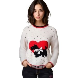 VINTAGE White & Black Christmas Scottie Crewneck Knit Sweater Size Extra-Large